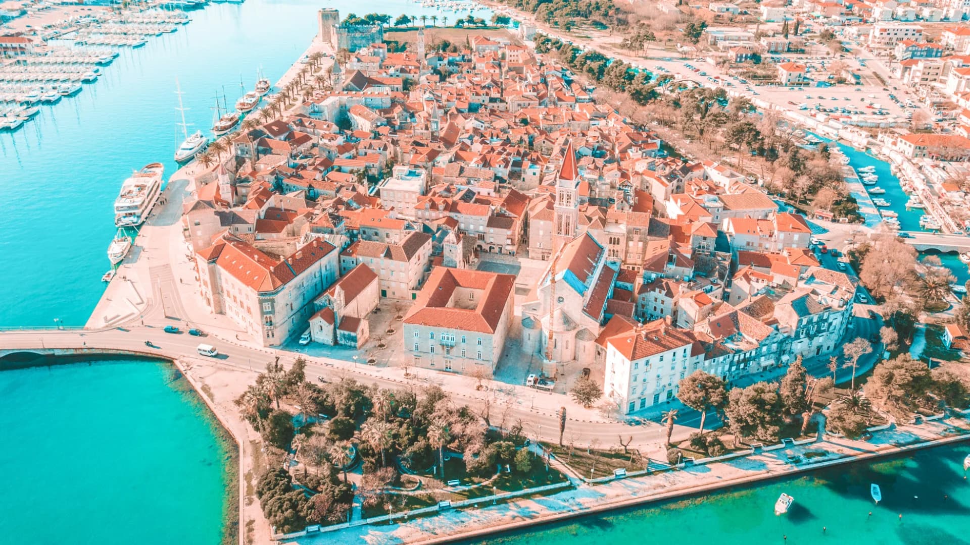 Trogir's UNESCO old town from the air, the cathedral bell tower and the Kamerlengo fortress — Blue Lagoon & Trogir — Half Day