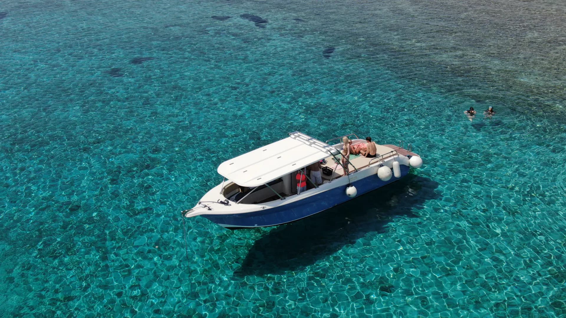 The boat at anchor over clear water with guests in the sea. Salty Adventures speedboat