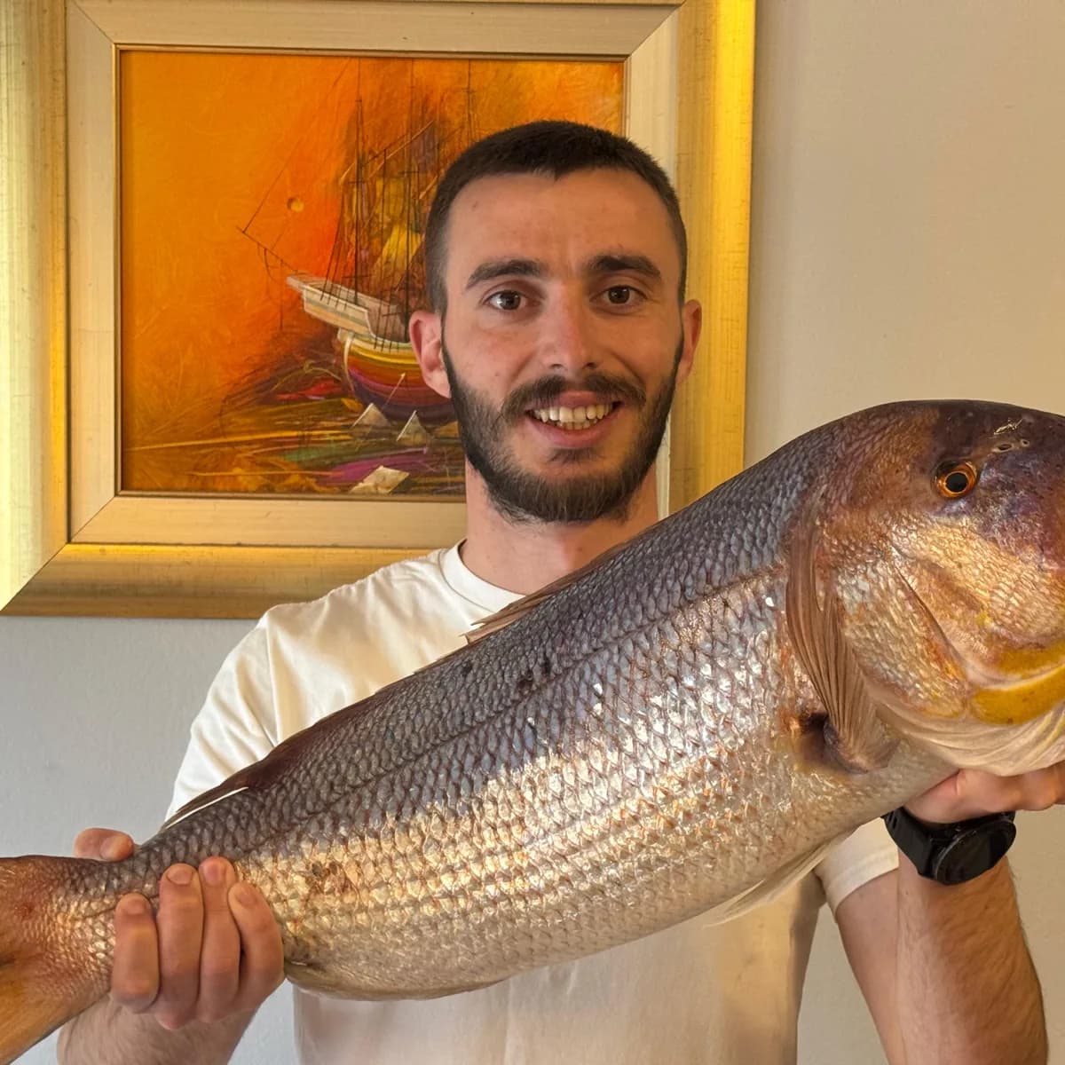 Tino, one of the two brothers who run the boats, holding a dentex caught off Split. Tino